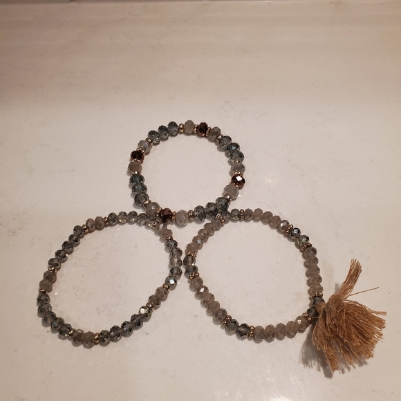 3 Beaded Bracelet Set Gray Shiny Glam Tassel Party - Picture 4 of 6